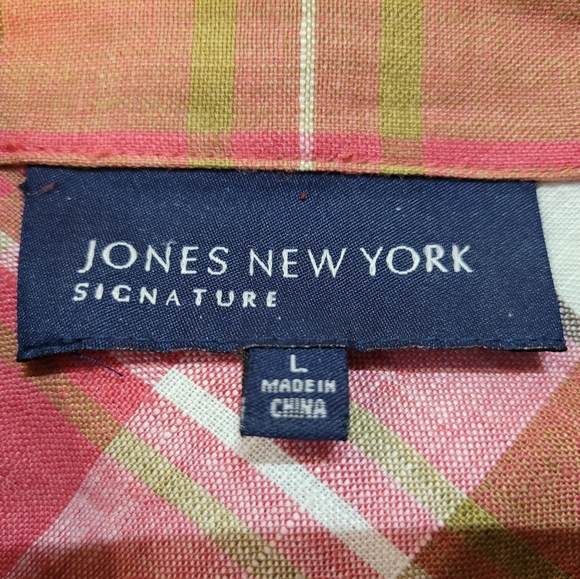 Jones New York Signature Plaid Button Shirt in Pink, Olive & Cream 100% Linen - Picture 5 of 7